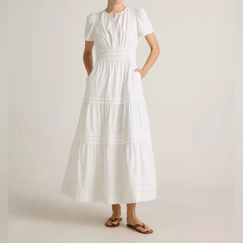 NWT Quince 100% Organic Cotton Poplin Tiered Maxi Dress White M